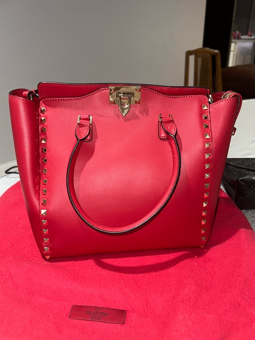 Valentino Red Leather Rockstud Satchel with Gold Hardware